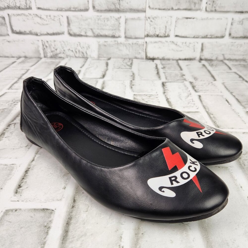 T.U.K. Rock and Roll Rewind Vegan Women's Size 11 Black Red Lightning Bolt Flats